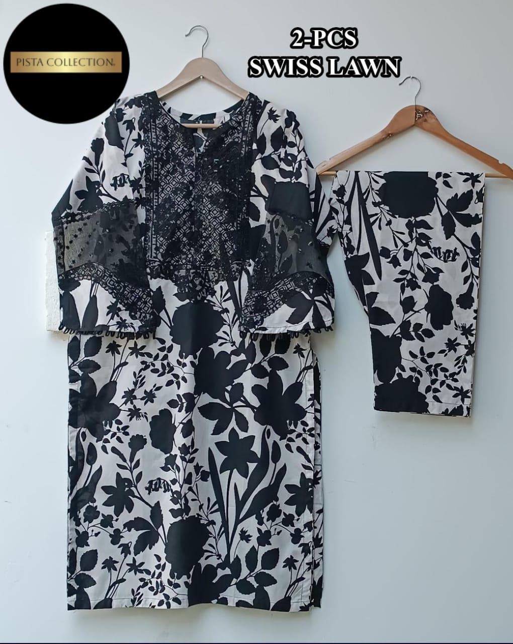 2 Pcs Women's Stitched Swiss Lawn Printed Shirt And Trouser