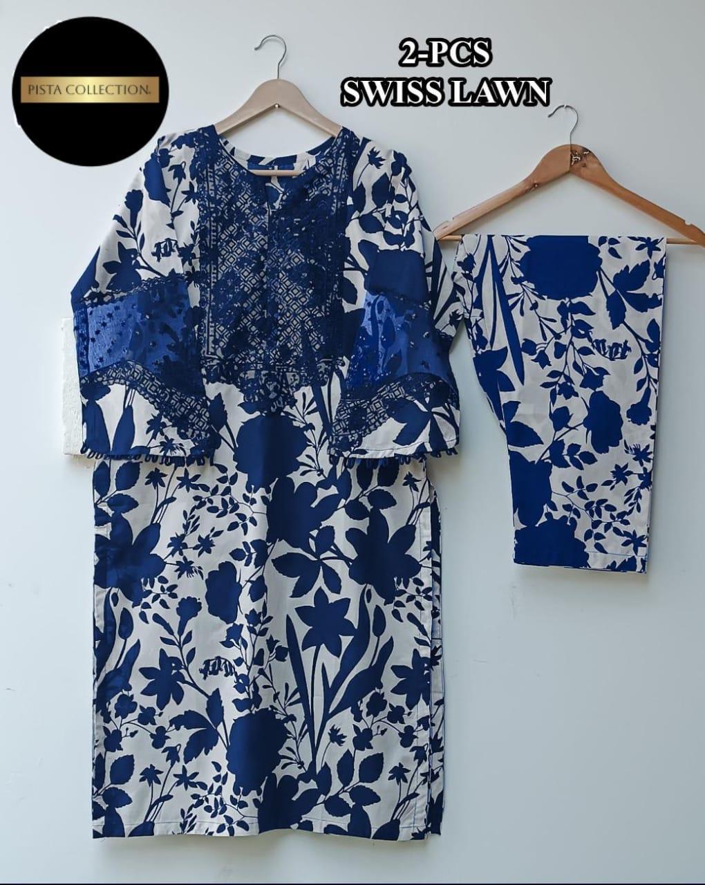2 Pcs Women's Stitched Swiss Lawn Printed Shirt And Trouser