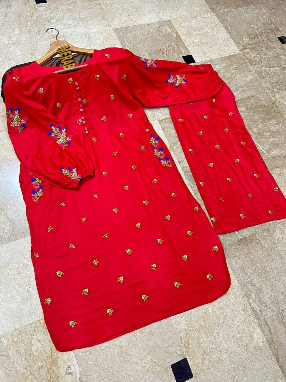 2 Pcs Women's Stitched Cotton Embroidered Shirt And Trouser