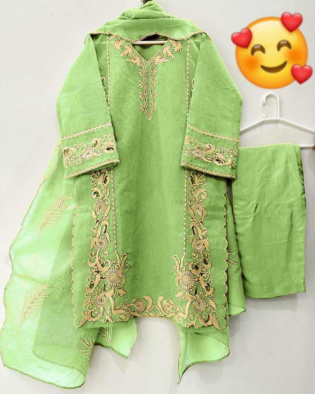 3 Pcs Women's Stitched Organza Embroidered Suit
