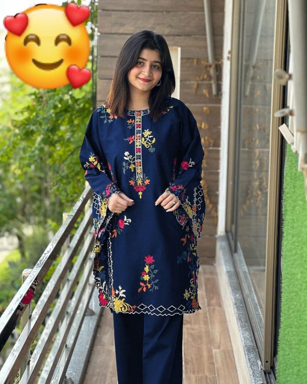 2 Pcs Women's Stitched Linen Embroidered Shirt And Trouser
