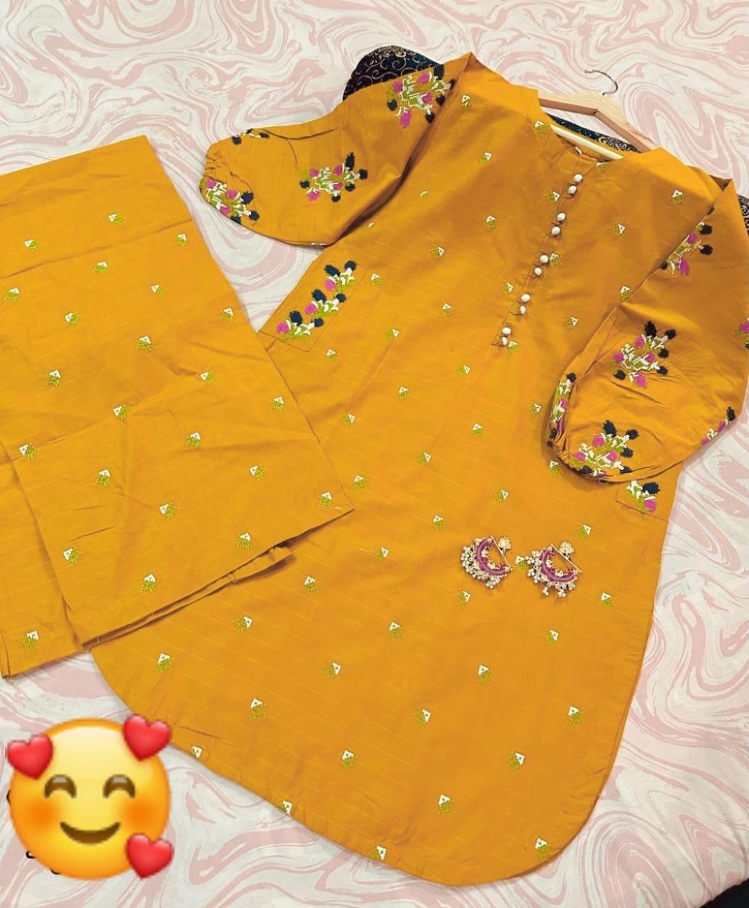2 Pcs Women's Stitched Cotton Embroidered Shirt And Trouser