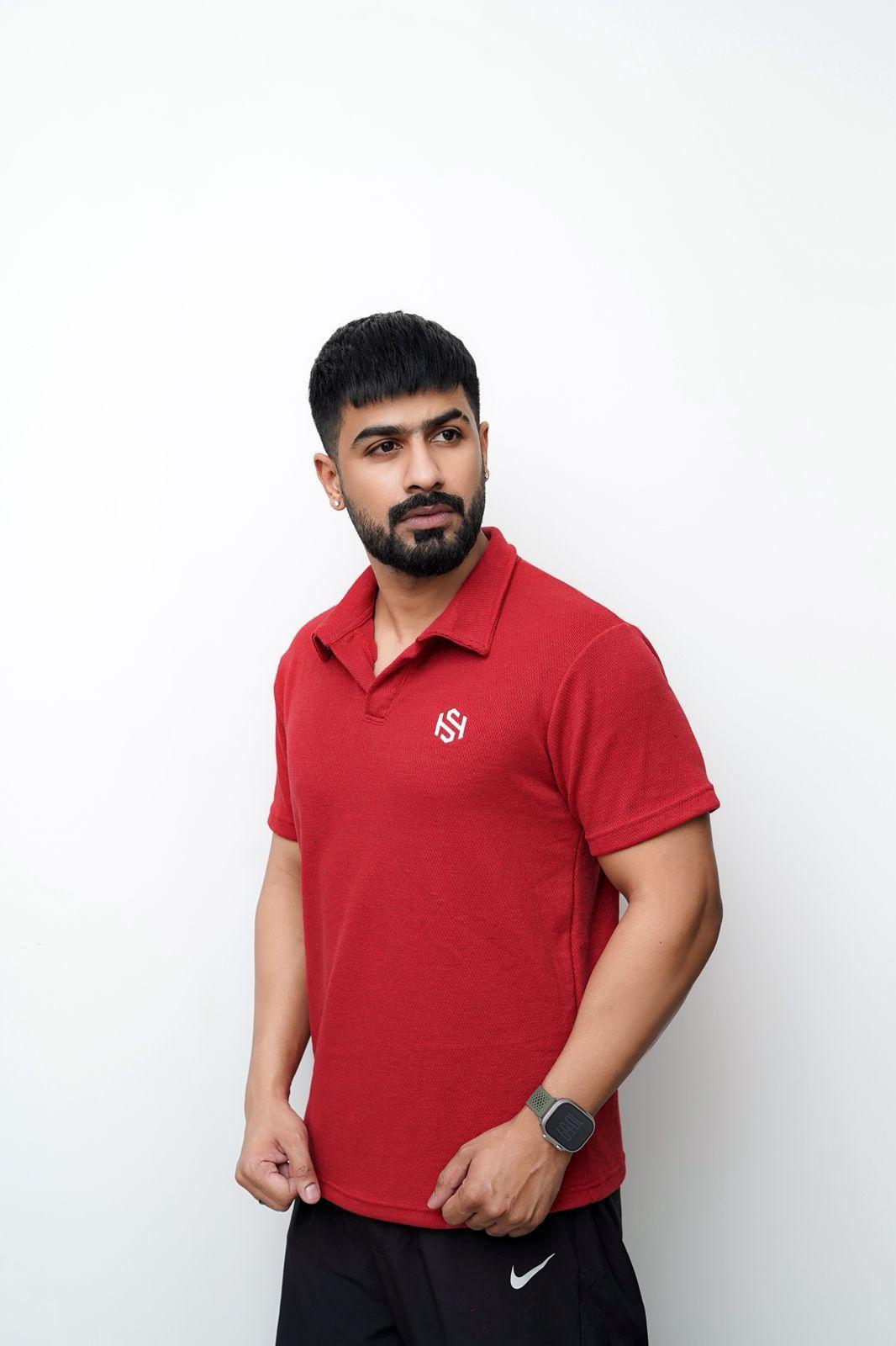 Stylish Red Men's Polo Shirt - Waffle Knit, 1 Pc, Plain Design