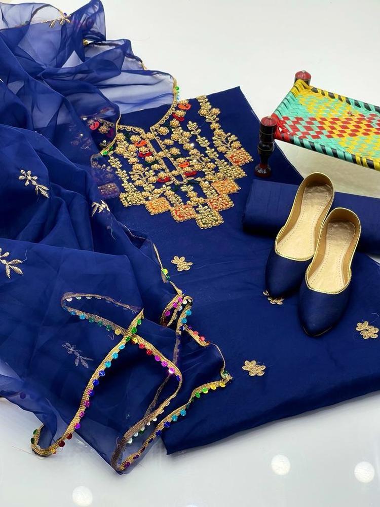 3 Pcs Women's Unstitched Fancy Organza Embroidered Suit