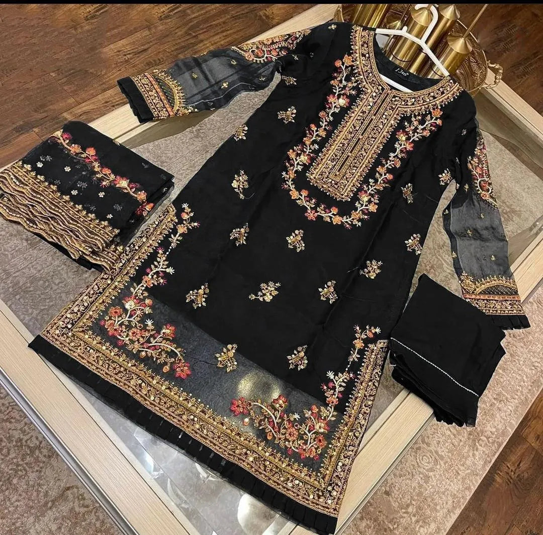 3 Pcs Women's Stitched Organza Embroidered Suit