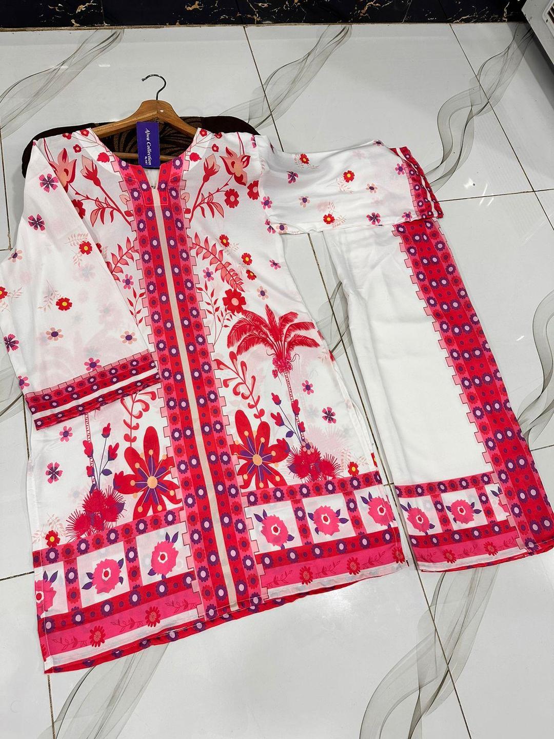 2 Pcs Women's Stitched Swiss Lawn Printed Shirt And Trouser