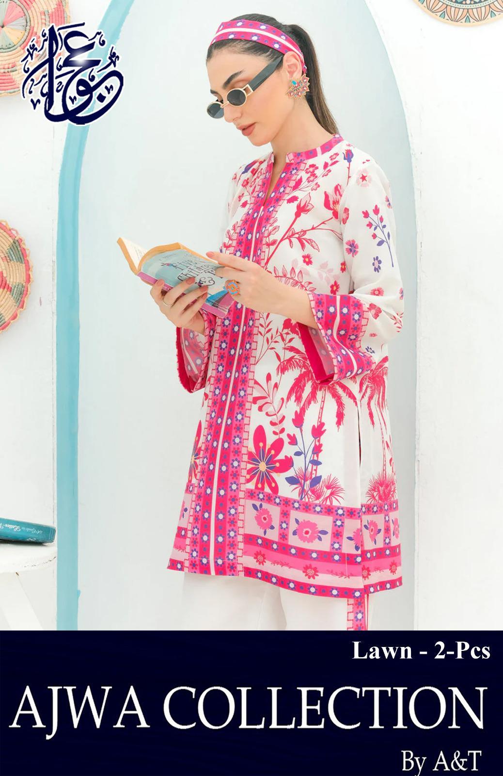 2 Pcs Women's Stitched Swiss Lawn Printed Shirt And Trouser