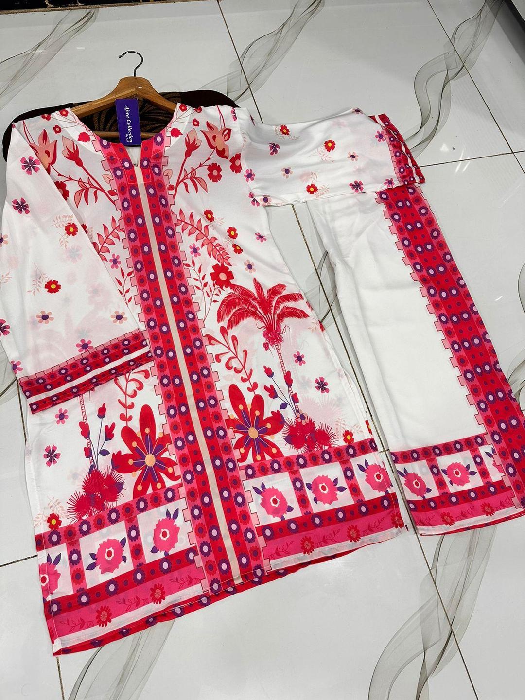 2 Pcs Women's Stitched Swiss Lawn Printed Shirt And Trouser