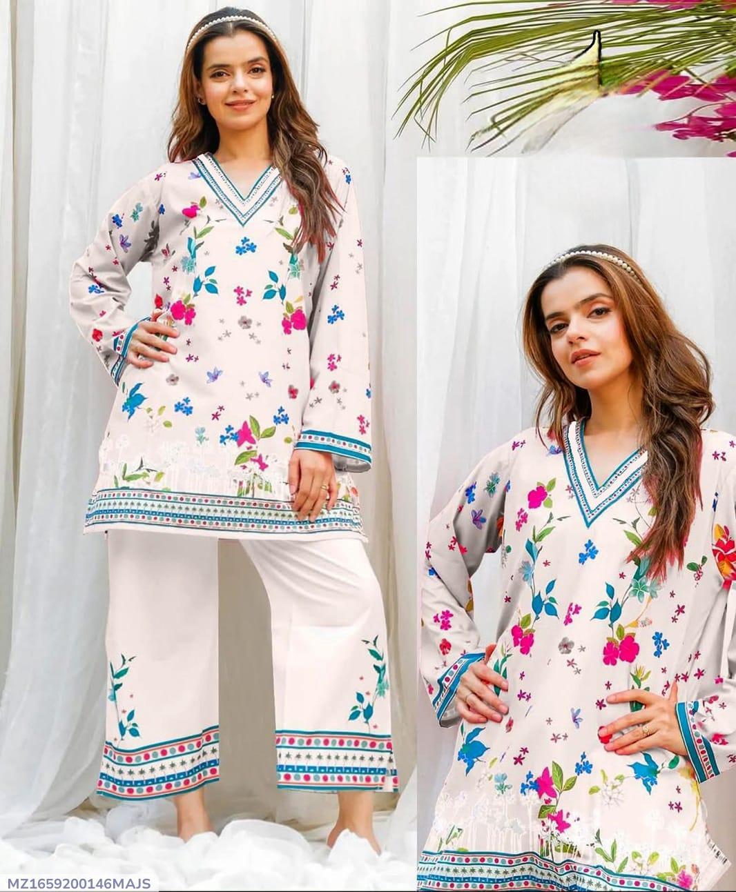 2 Pcs Women's Stitched Swiss Lawn Printed Shirt And Trouser