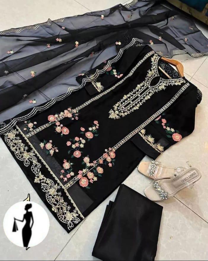 3 Pcs Women's Stitched Organza Embroidered Suit