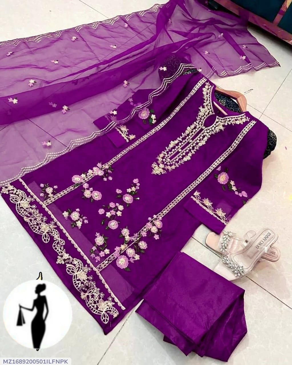 3 Pcs Women's Stitched Organza Embroidered Suit