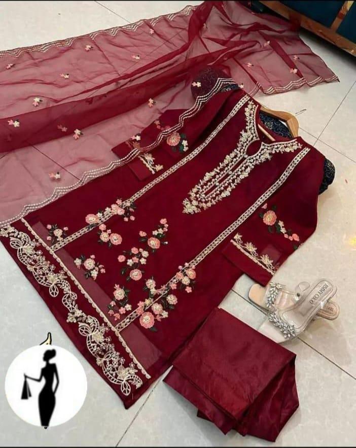 3 Pcs Women's Stitched Organza Embroidered Suit