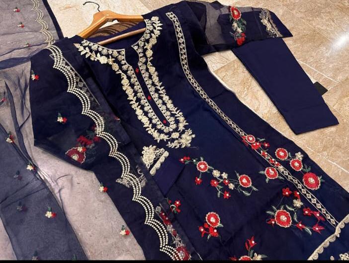 3 Pcs Women's Stitched Organza Embroidered Suit