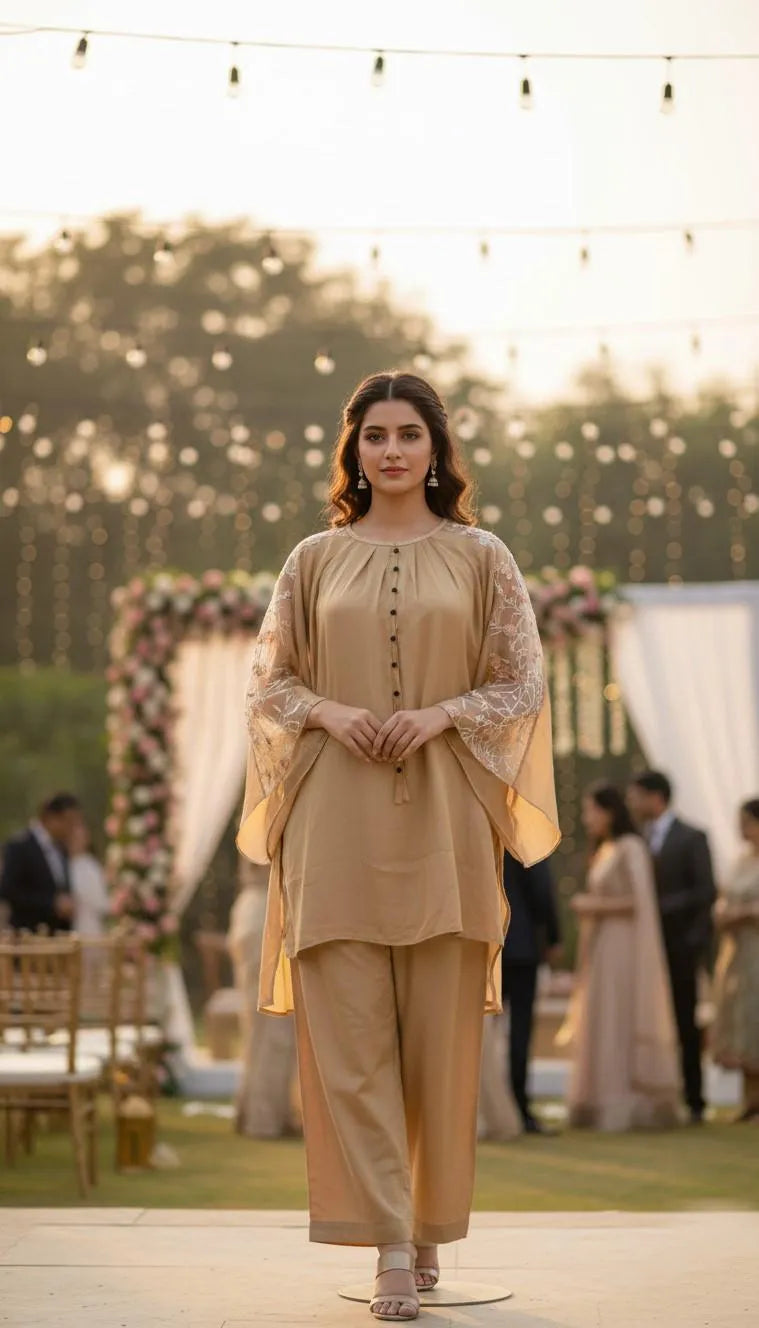 2 Pcs Women's Stitched Raw Silk Plain Shirt And Trouser