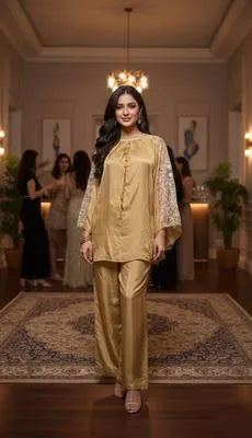 2 Pcs Women's Stitched Raw Silk Plain Shirt And Trouser