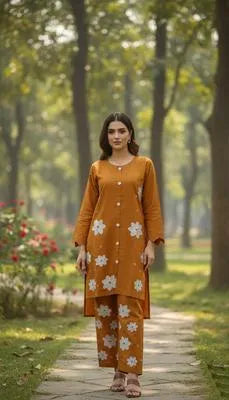 2 Pcs Women's Stitched Cotton Plain Shirt And Trouser