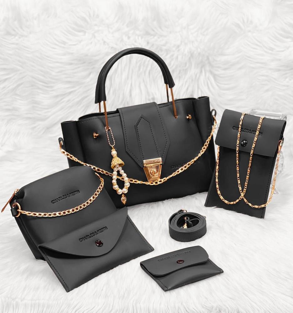 5 Pcs Women's Pure Leather Plain Hand Bag Set
