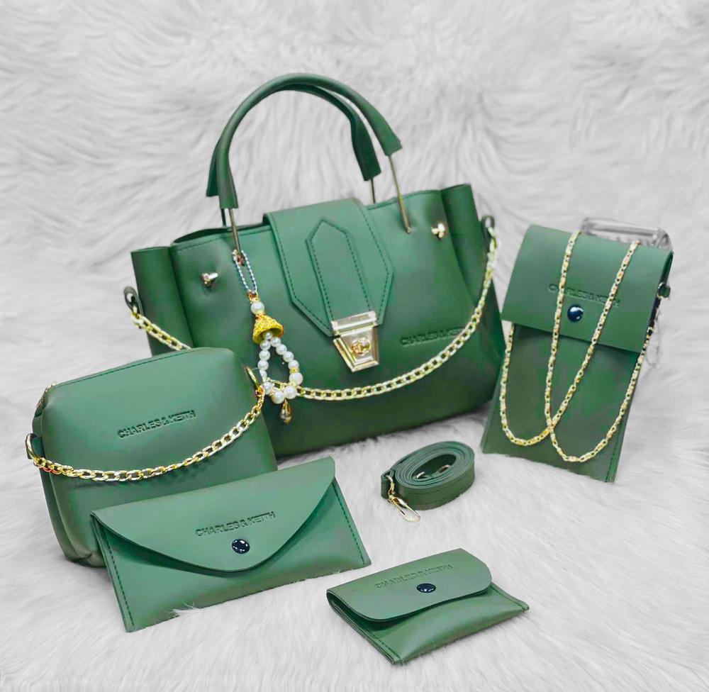 5 Pcs Women's Pure Leather Plain Hand Bag Set