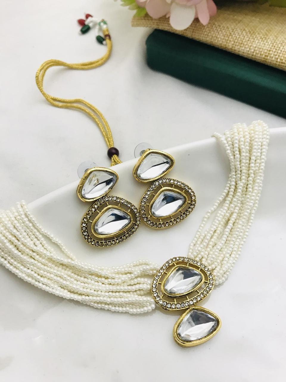 Stunning Gold Plated Kundan Choker Set - 2 Pcs Adjustable Fashion Jewelry