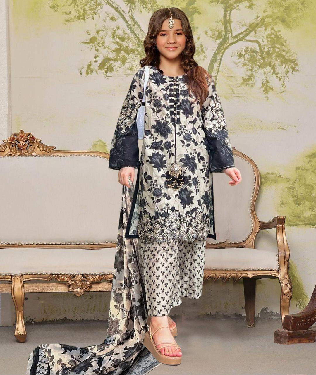 Charming Girl's Printed Stitched Suit - 3 Pcs Set in Soft Lawn Fabric