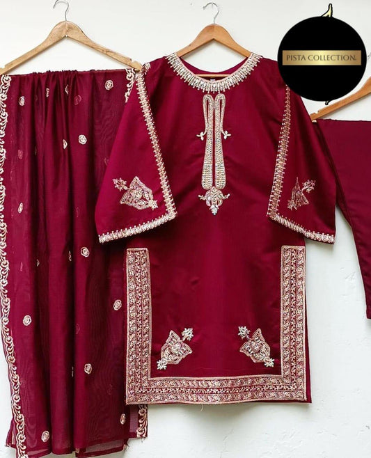 3 Pcs Women's Stitched Shamoz Silk Embroidered Suit