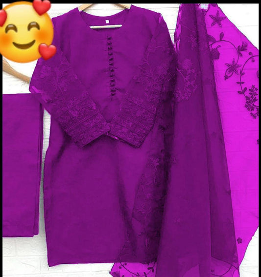 3 Pcs Women's Stitched Organza Embroidered Suit