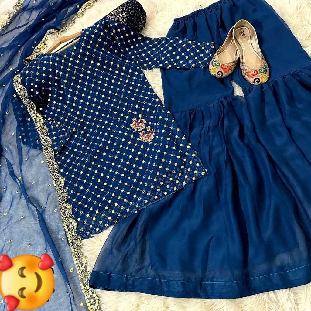 3 Pcs Women's Stitched Chiffon Sheesha Work Suit