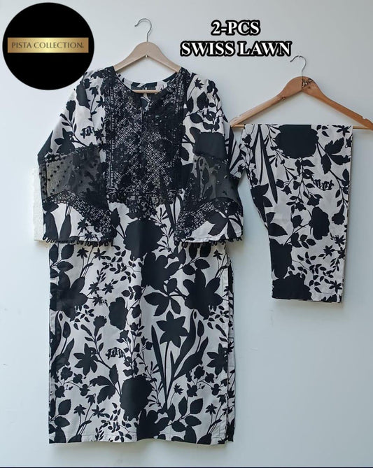 2 Pcs Women's Stitched Swiss Lawn Printed Shirt And Trouser