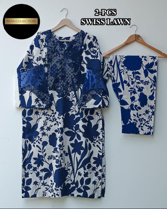 2 Pcs Women's Stitched Swiss Lawn Printed Shirt And Trouser