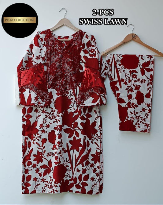 2 Pcs Women's Stitched Swiss Lawn Printed Shirt And Trouser