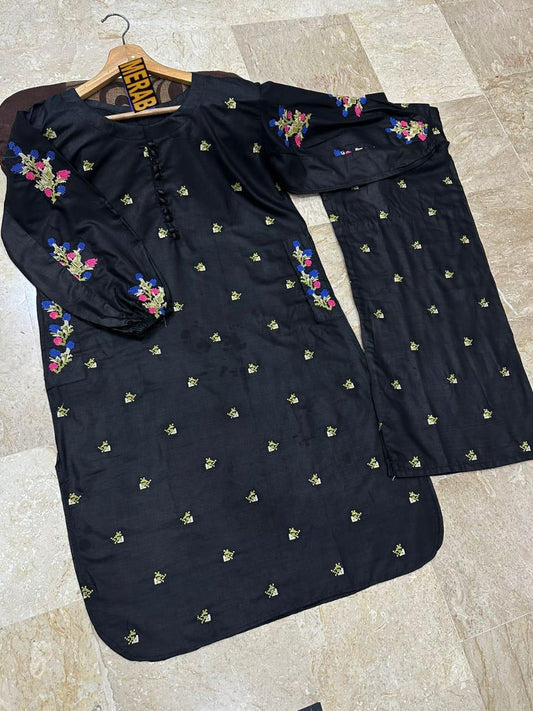2 Pcs Women's Stitched Cotton Embroidered Shirt And Trouser