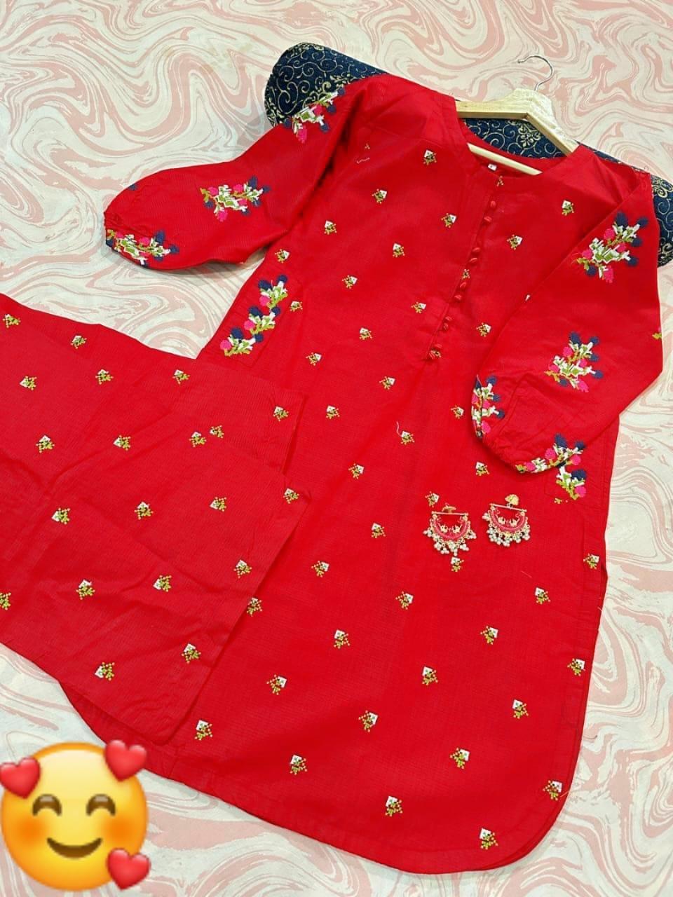 2 Pcs Women's Stitched Cotton Embroidered Shirt And Trouser