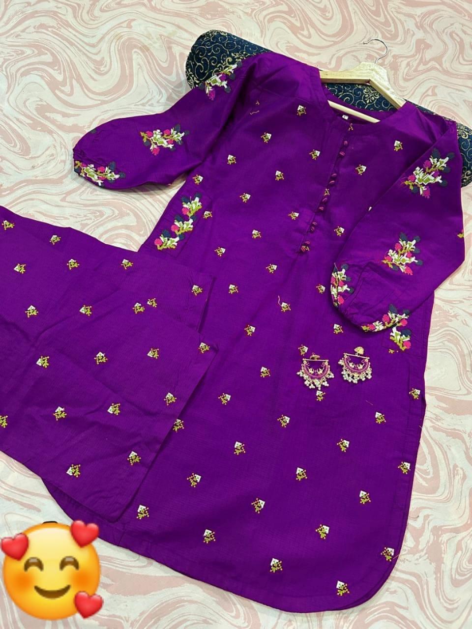 2 Pcs Women's Stitched Cotton Embroidered Shirt And Trouser