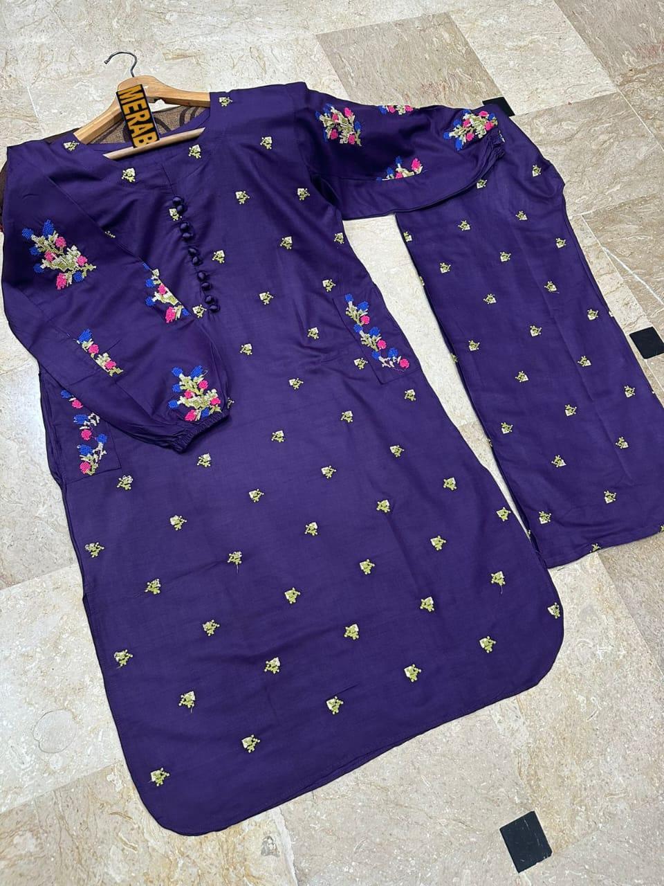 2 Pcs Women's Stitched Cotton Embroidered Shirt And Trouser