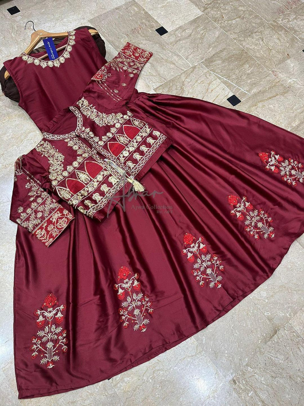 2 Pcs Women's Stitched Silk Embroidered Maxi and Jacket
