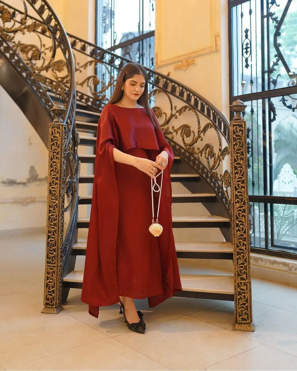 Stunning Maroon Shamoz Silk Maxi Set - 2 Pcs Ensemble