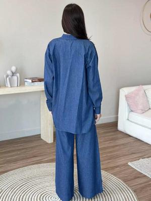2 Pcs Women's Stitched Denim Plain Co-Ord Set