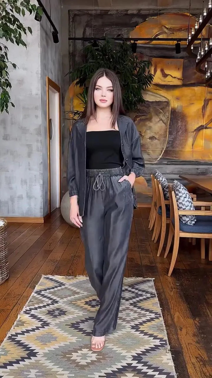 2 Pcs Women's Stitched Denim Plain Co-Ord Set