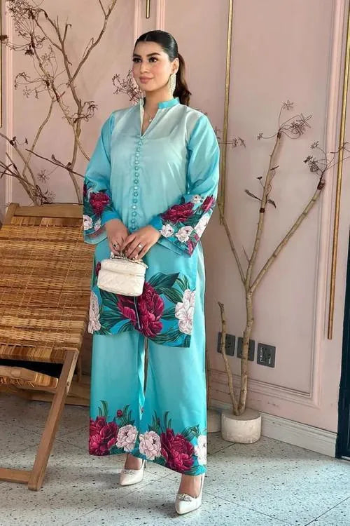 2 Pcs Women's Stitched Silk Printed Shirt And Trouser