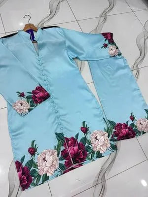 2 Pcs Women's Stitched Silk Printed Shirt And Trouser