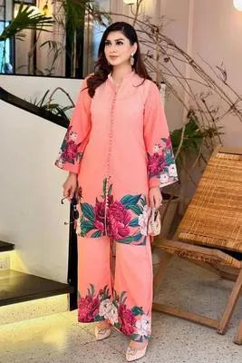 2 Pcs Women's Stitched Silk Printed Shirt And Trouser