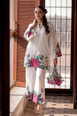 2 Pcs Women's Stitched Silk Printed Shirt And Trouser