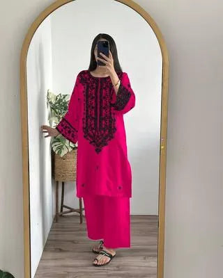 2 Pcs Women's Stitched Cotton Embroidered Co-Ord Set