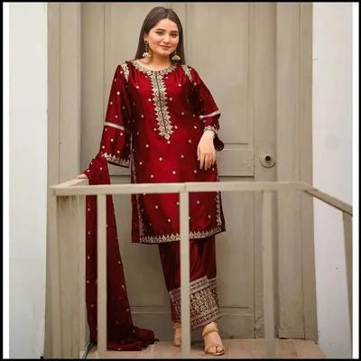 2 Pcs Women's Stitched Shamoz Silk Embroidered Shirt And Trouser