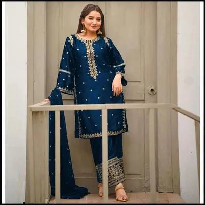 2 Pcs Women's Stitched Shamoz Silk Embroidered Shirt And Trouser