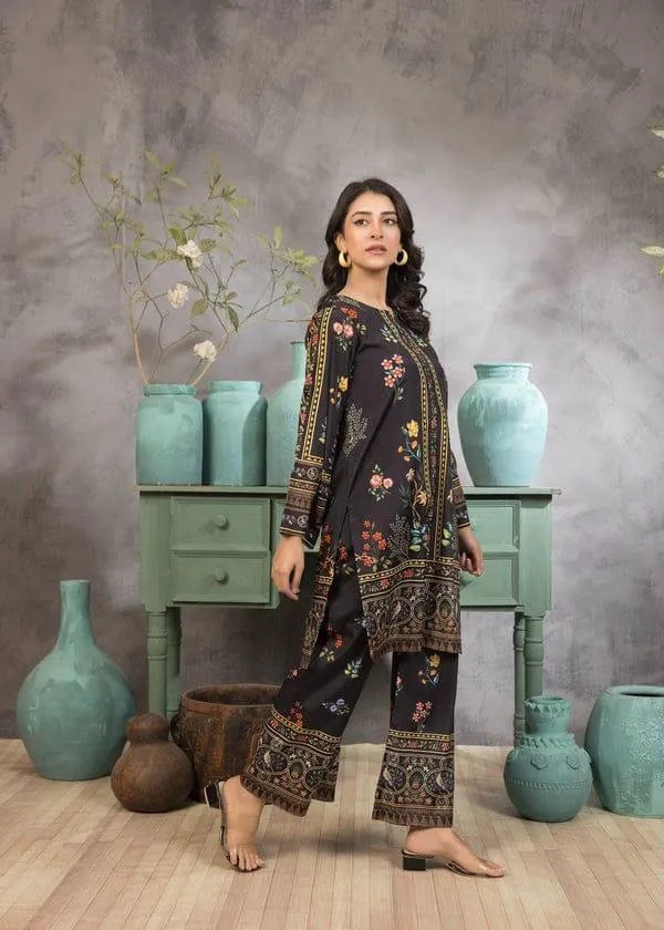 2 Pcs Women's Stitched Swiss Lawn Printed Shirt And Trouser