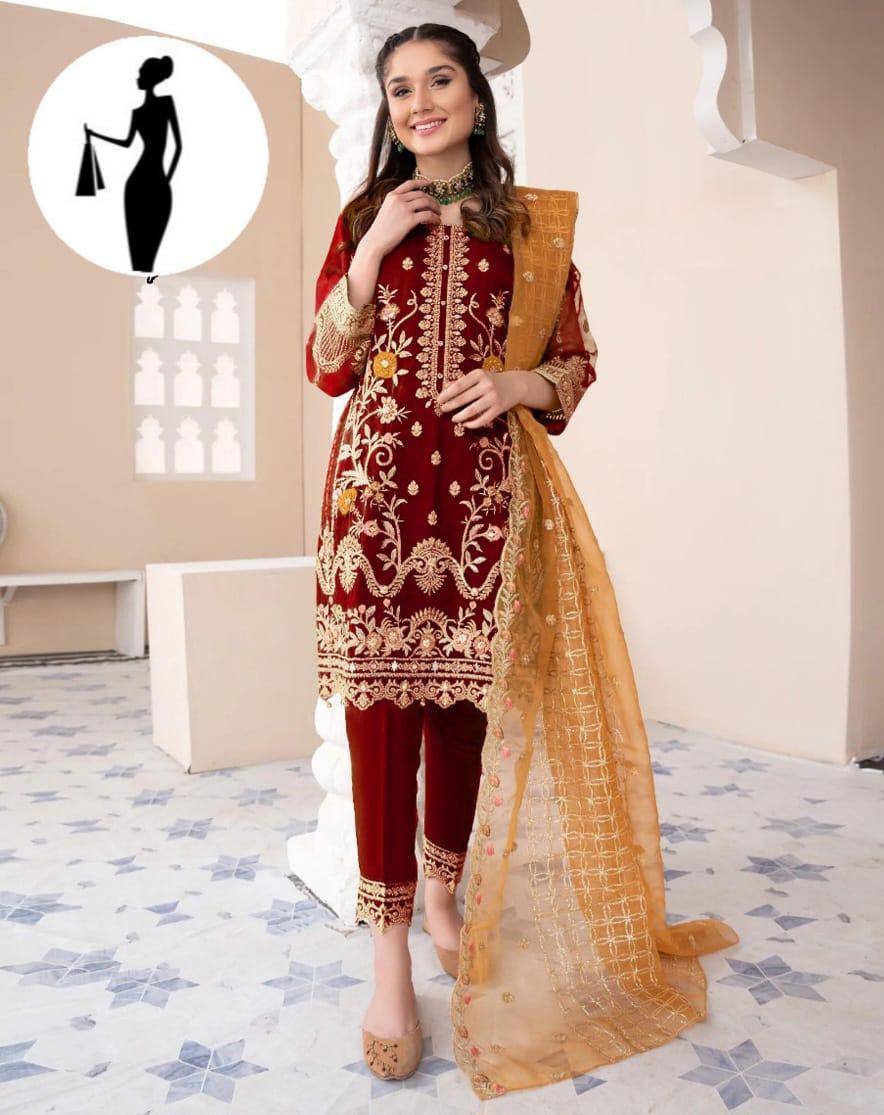 3 Pcs Women's Stitched Organza Embroidered Suit