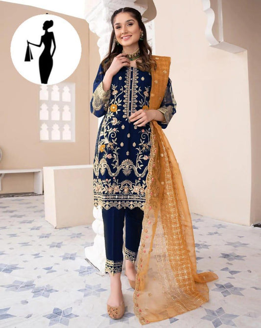 3 Pcs Women's Stitched Organza Embroidered Suit