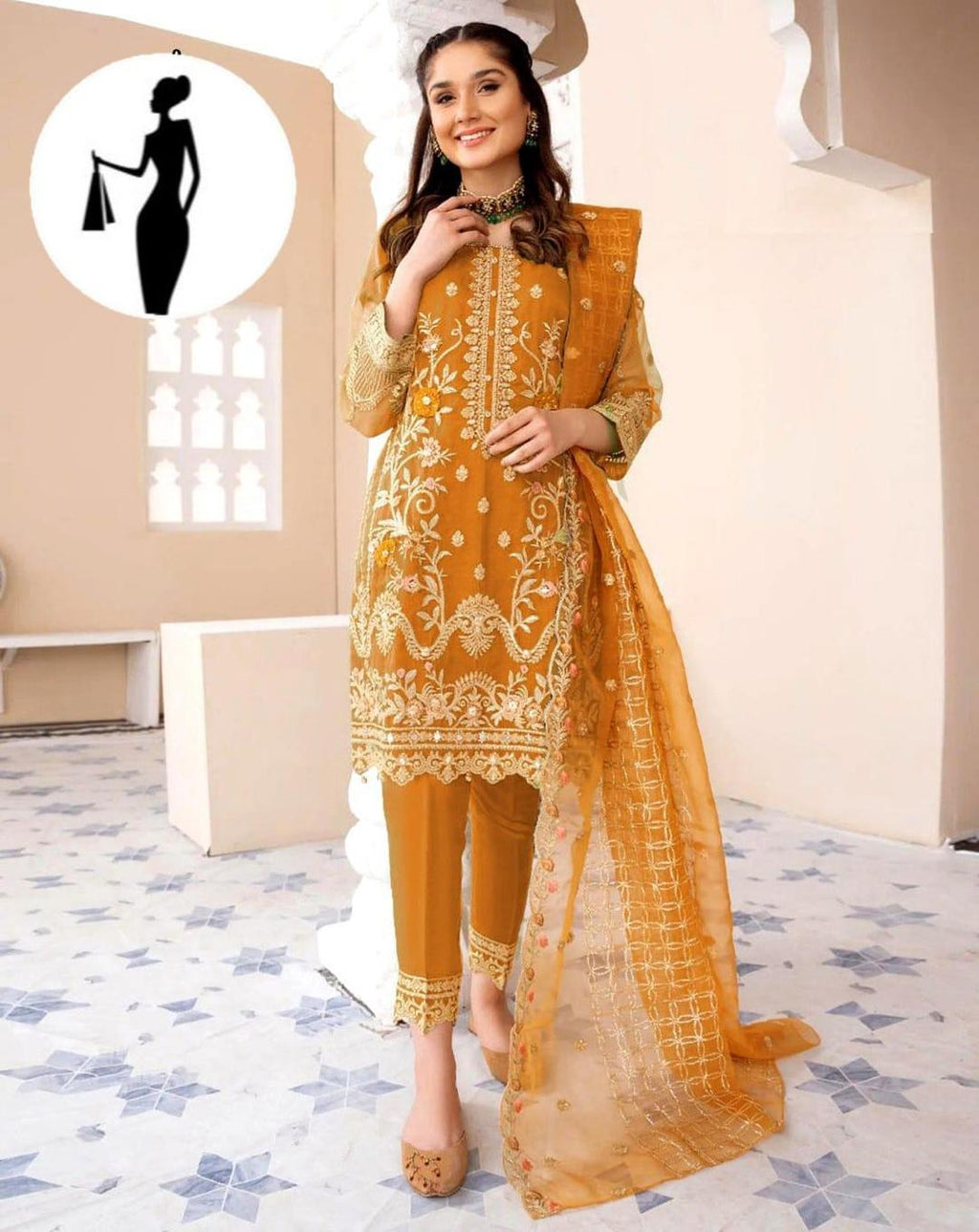 3 Pcs Women's Stitched Organza Embroidered Suit