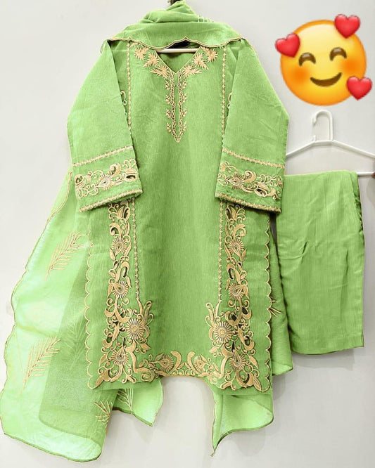 3 Pcs Women's Stitched Organza Embroidered Suit